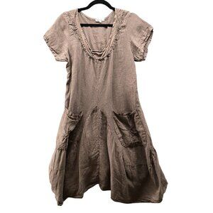 Lin Nature Langenlook Linen Dress EU 46 US L (14-16) Brown Short Sleeve Scoop